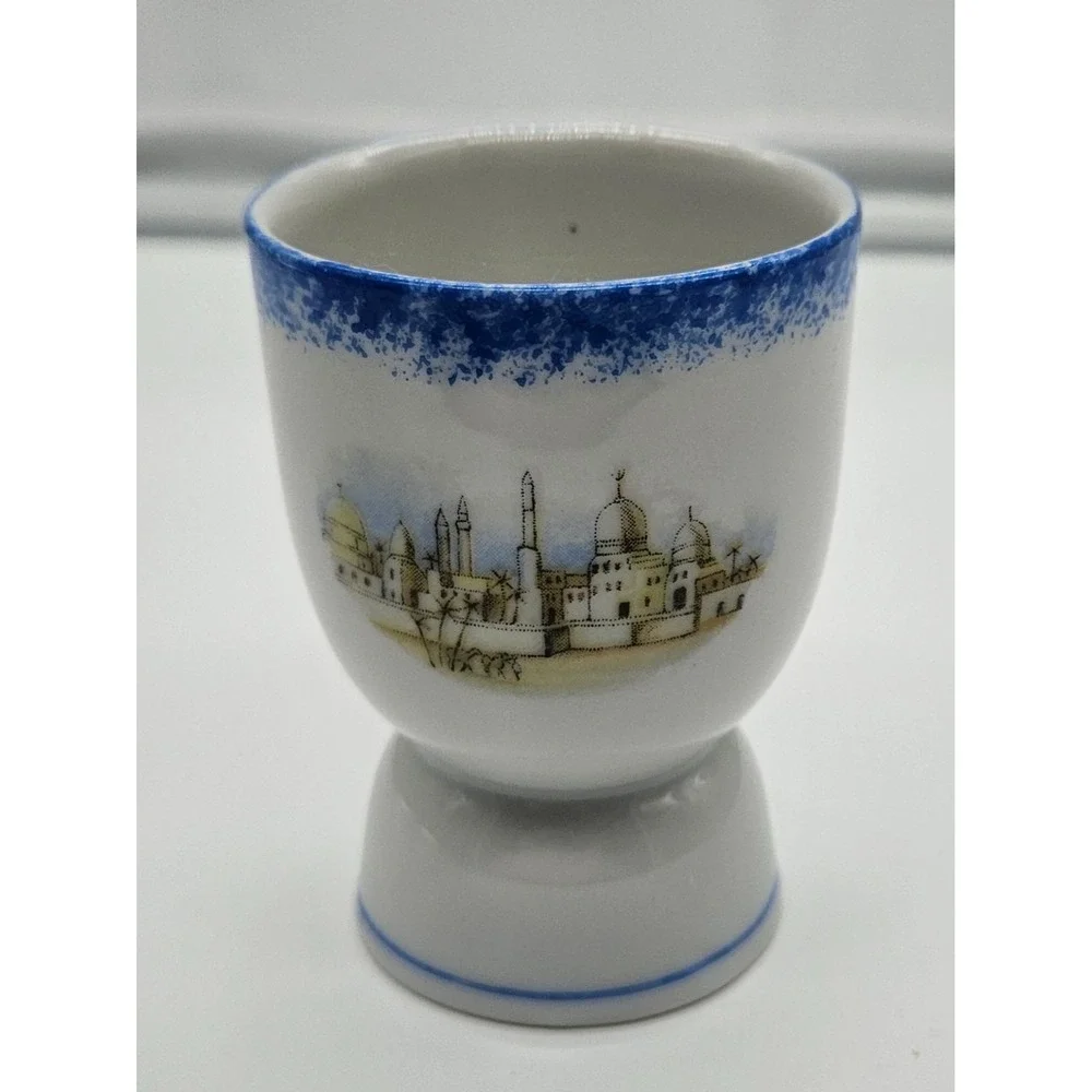 Vintage Egg Cup White Blue Cityscape Design‎ Breakfast Kitchen Decor
